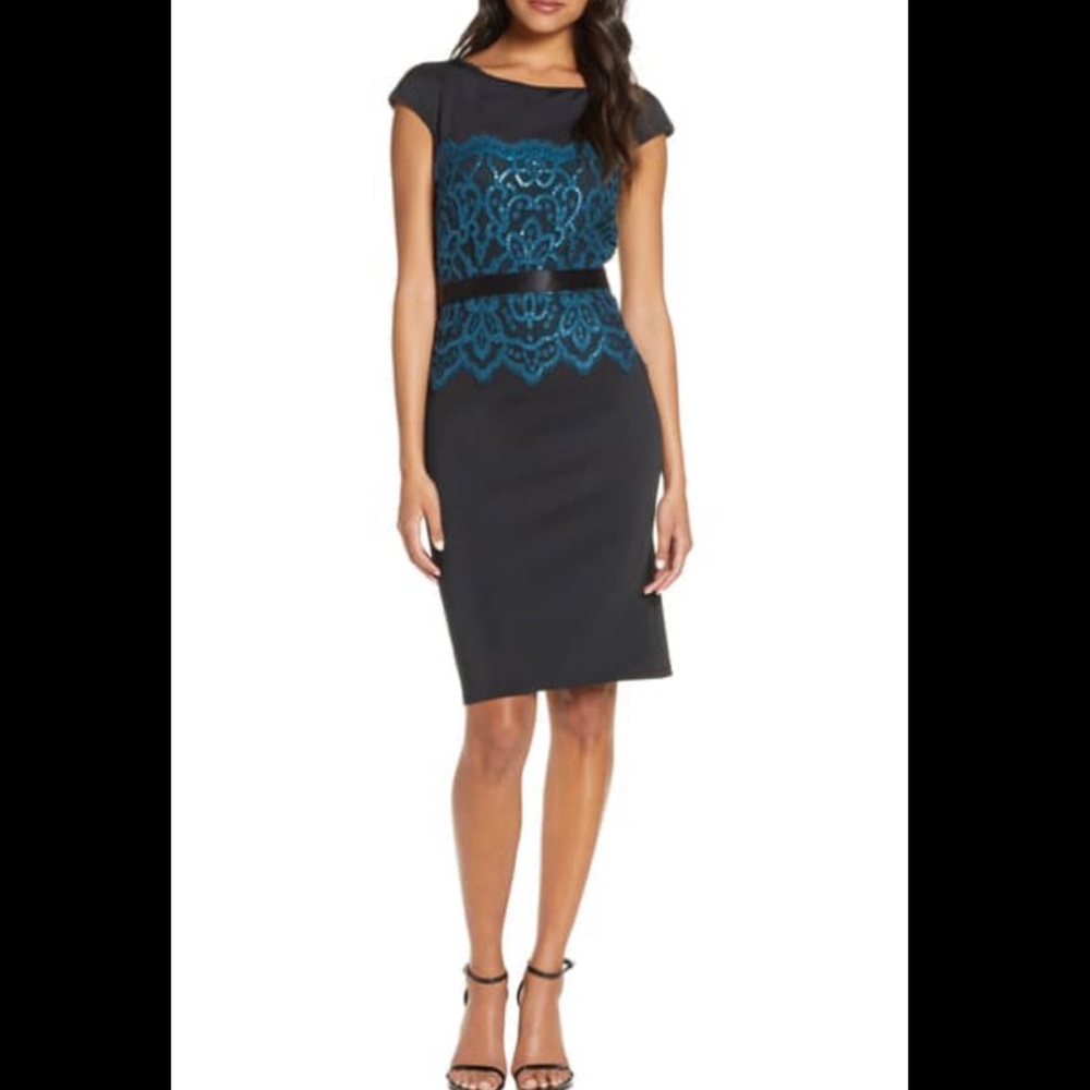 Tadashi Shoji Neoprene with Lace Overlay Dress 10